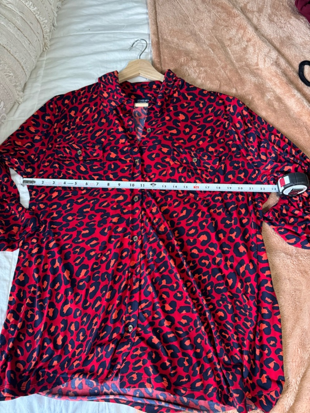 Women's Jones New York Red Leopard Print Blouse with Navy and Orange Spots - Picture 8 of 8